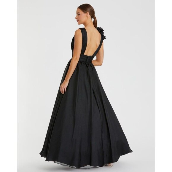 Mac Duggal Size 8 Black 48856 RUFFLE SHOULDER V-NECK CHIFFON GOWN Prom Dress New - Picture 3 of 10